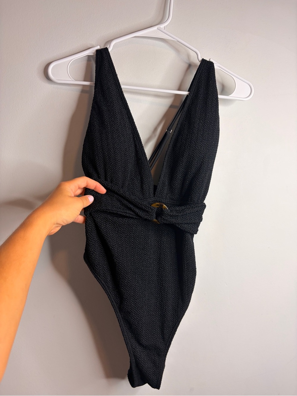 Abercrombie & Fitch Plunge Black Textured One-Piece Swimsuit Belt Small